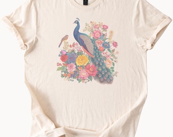 Peacock Floral TShirt Colorful Bird Graphic Tee Nature Inspired Clothing