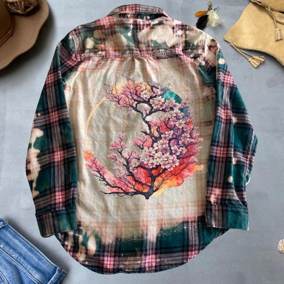 Cherry Blossom Graphic Flannel Shirt Floral Tree Art Upcycled