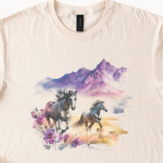 Wild Horses Running Graphic T Shirt Desert Mountain Landscape