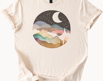 Crescent Moon and Colorful Watercolor Mountains Graphic Tee with Starry Night Sky and Forest Landscape Scene Shirt