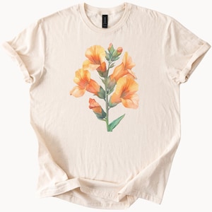 Orange Snapdragon Flower Graphic T Shirt Botanical Floral Art Tee Nature Inspired Shirt Hand Drawn Plant Illustration Gift for Her Him