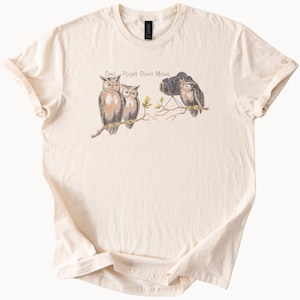 Funny owl photography graphic shirt with illustrated owls on branch one using camera and phrase owl right dont move nature lover tee