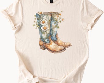 Cowboystövlar och prästkragar grafisk T-shirt västerländsk blommig lantlig stil akvarell cowgirlstövlar blomma t-shirt present till henne rodeo outfit