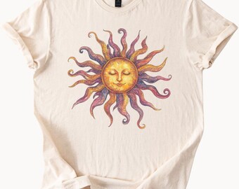 Sun Face Graphic Tee, Vintage Style Sun T-shirt, Celestial Sun