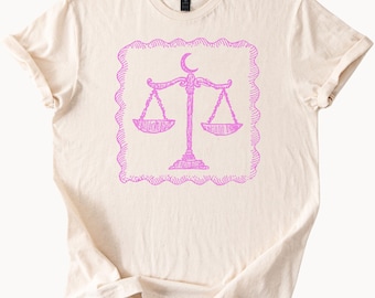 Camiseta gráfica de la balanza del zodiaco Libra, camiseta astrológica de equilibrio celestial, camiseta con arte del horóscopo de la luna y las estrellas, regalo espiritual