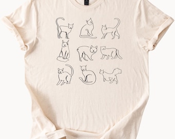Minimalist Cat Drawing Graphic T Shirt Cute Hand Drawn Cats Outline Art Shirt Animal Lover Gift