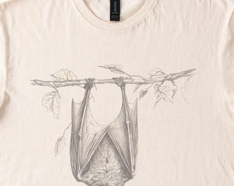 Bat Hanging from Branch Crosshatch Style Wildlife Artwork Tee