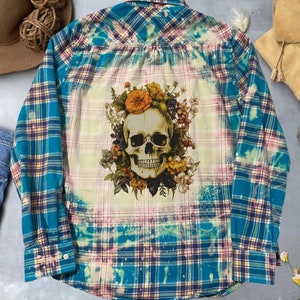 Skull Head With Flowers Bleached Shirt Flannel Hippie Design Custom Made Flannel Plaid Casual Gift For Birthdays