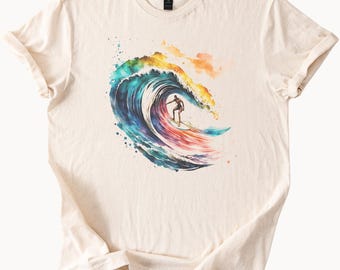 Watercolor Wave Surfer T-Shirt Ocean Ride Graphic Tee Surfing Lover Gift Beach Vibes Top