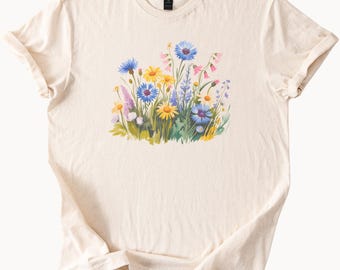 Wildflower Meadow Graphic T Shirt Colorful Botanical Floral Tee Nature Inspired Garden Flowers Shirt Spring Summer Gift for Her Him