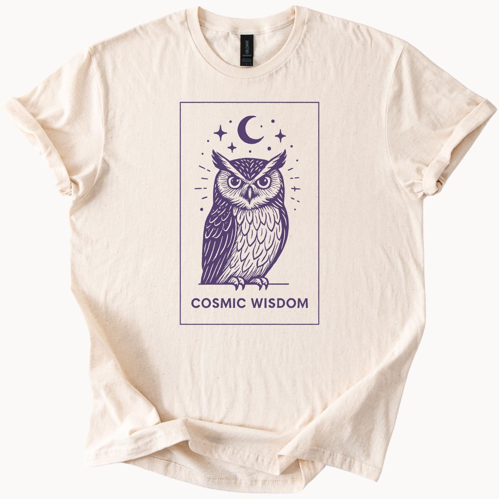 Cosmic Wisdom Owl T Shirt Celestial Graphic Tee Night Bird Lover Gift Unique Design
