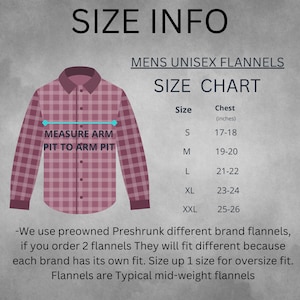 May include: Size chart for men's and women's flannel shirts. The chart shows chest measurements in inches for sizes S, M, L, XL, and XXL. A red and white plaid flannel shirt is shown with a blue line indicating where to measure the arm pit to arm pit.