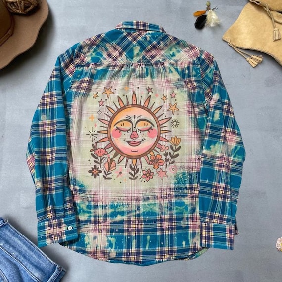Colorful Sun Print Flannel Shirt, Unique Flannel Shirt