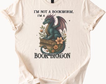 Book Dragon Graphic T Shirt Fantasy Dragon Sitting on Books Reading Lover Shirt Bookworm Gift Literary Tee Flower Art Shirt