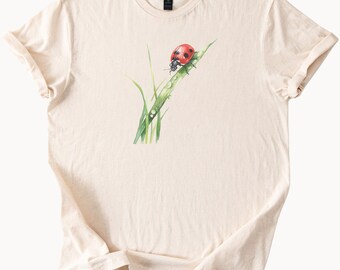 Ladybug on Dewy Grass Nature Insect Graphic Tee Cute Watercolor Bug Art Shirt Garden Lover Natural Aesthetic Spring T Shirt
