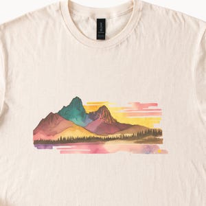 Watercolor Mountain Scene TShirt Nature Graphic Tee Outdoors Landscape Shirt