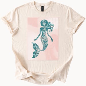 Boho Mermaid Graphic Tee Ocean Tribal Style Shirt Coastal Beach Art TShirt Sea Siren Design on Natural Soft Cotton Shirt