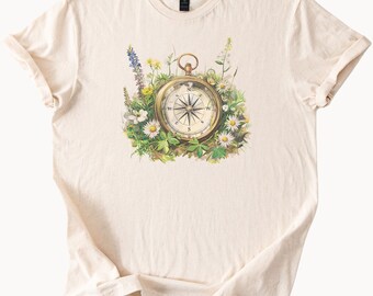 Blommig kompassgrafik-t-shirt naturälskare reslust-t-shirt äventyrstopp friluftskläder present till henne