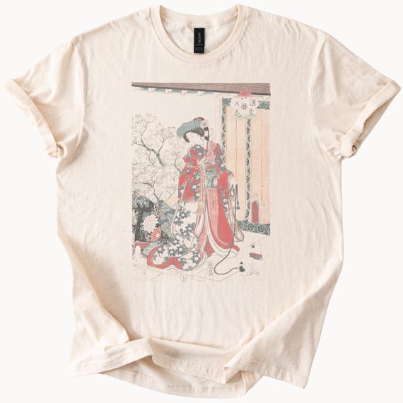 Japanese Ukiyoe Style Woman in Floral Kimono Traditional Art Graphic Natural Color Cotton TShirt Asian Inspired Clothing Design