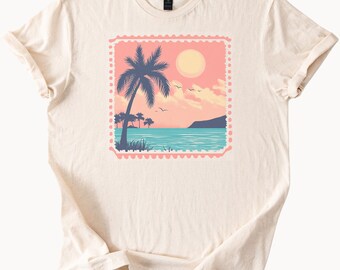 Palm Tree Sunset Beach Graphic T Shirt Ocean View Coastal Summer Tee Pastel Sunrise Tropical Landscape Shirt Nature Art Apparel