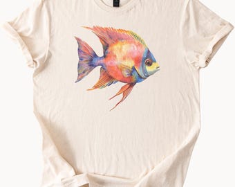 Colorful Tropical Fish Graphic T Shirt Watercolor Ocean Art Tee Unique Sea Life Apparel Artistic Aquatic Animal Shirt Gift for Her Him