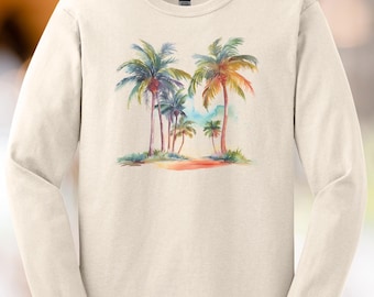 Palm Tree Beach Long Sleeve Shirt Watercolor Tropical Scenery Graphic Tee Summer Coastal Art Shirt Palm Island