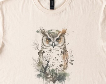 Eulen-T-Shirt, Eulen-Liebhaber-Geschenk, Aquarell Eulen-Kunst-Shirt, Natur-Tier-T-Stück, Vogel-T-Shirt der wild lebenden Tiere, einzigartiges Eulen-Design, künstlerisches Eulen-Grafik-T-Stück