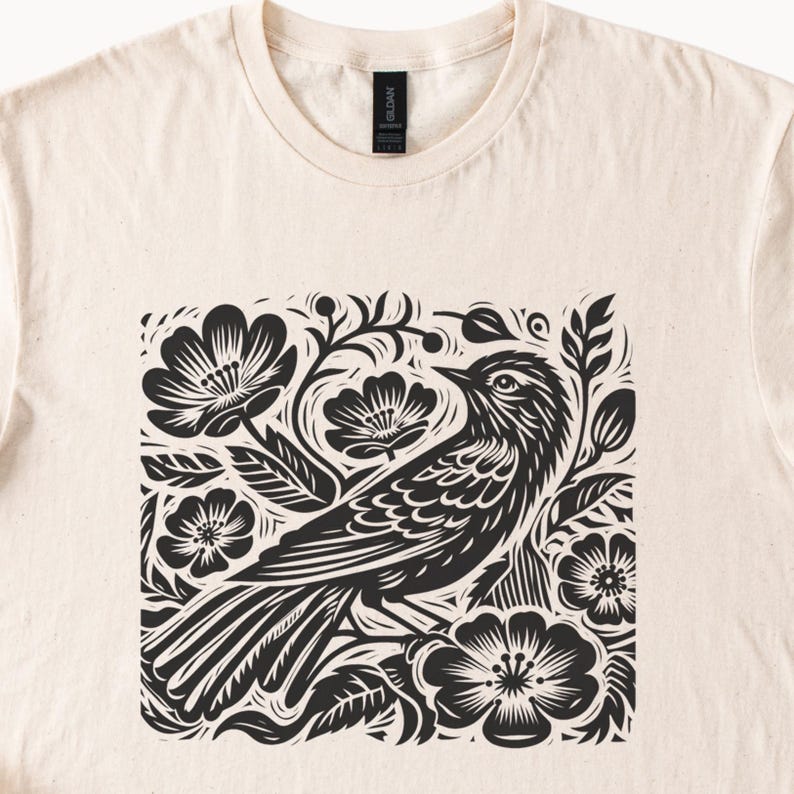 May include: A black and white illustration of a bird perched on a branch with flowers. The design is in a square shape and has a folk art style.