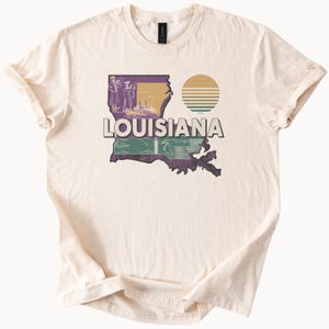 Camiseta gráfica de Luisiana con mapa retro del estado, músicos de jazz, barco de vapor, pelícano, arte escénico, recuerdo, regalo de Luisiana