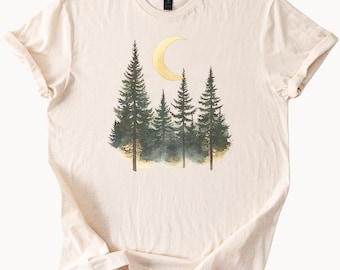 Crescent Moon Over Pine Forest Graphic Shirt Nature Trees Woodland TShirt Hiking Outdoors Soft Cotton Tee Gift for Nature Lovers
