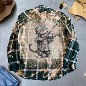 musical cat graphic bleached flannel shirt unique aesthetic country flannel artsy festival shirt handmade flannel individually crafted