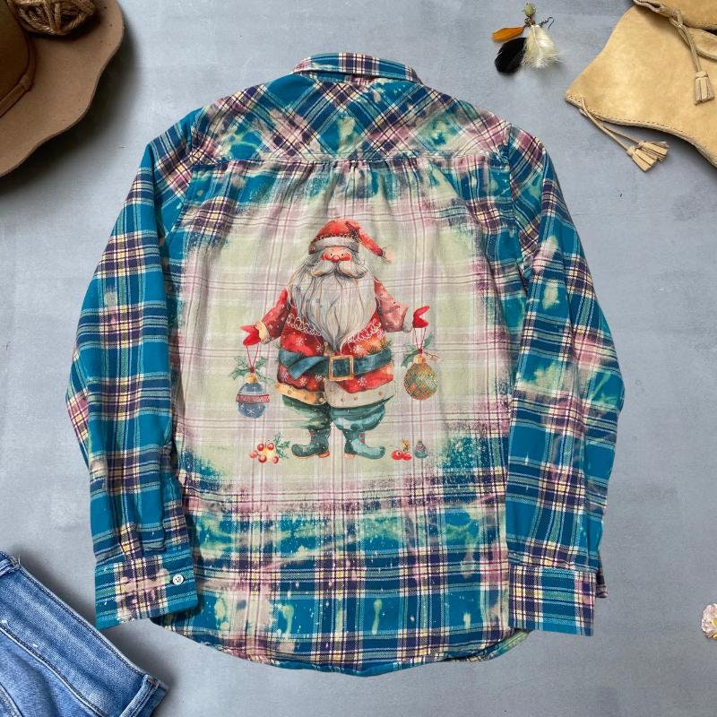 Santa Claus Graphic Shirt, Bleached Flannel Shirt, Christmas Holiday Shirt, Retro Santa Graphic, Festive Plaid Shirt, Cozy Holiday Wear