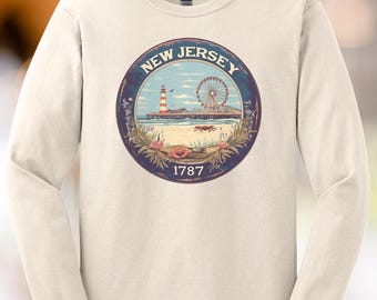 New Jersey Beach Ferris Wheel Boardwalk Lighthouse Crab Graphic 1787 Long Sleeve Shirt Unique New Jersey Surf Coast Tee