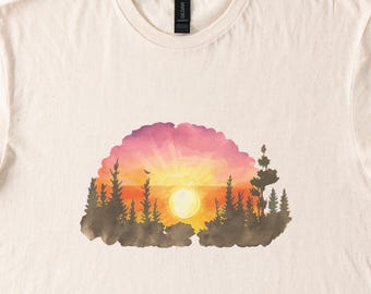 Sonnenuntergang Wald Grafik T-Shirt Natur Liebhaber Shirt Im Freien T-Shirt Malerische Sonne Bäume Vogel Shirt