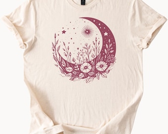 Boho Moon Flowers Graphic Tee Celestial Witchy T Shirt Floral Crescent Moon Top