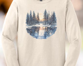 Forest Lake Reflection Shirt Long Sleeve Nature Scene Tee Watercolor Pine Trees Lake Sunrise Graphic Outdoors Hiking Shirt