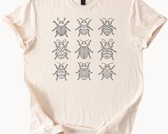 T-Shirt mit Insektenillustration, einzigartigem Käfer-Print, Linienkunst-Entomologie-T-Shirt, Naturfarben, Geschenk für Insektenliebhaber