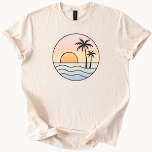 Sunset Palm Trees Beach Graphic T Shirt Summer Vacation Tee