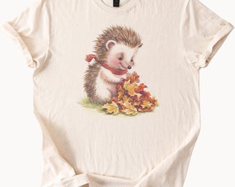 Cute Hedgehog With Fall Leaves Graphic T Shirt Autumn Animal Illustration Cozy Fall Shirt Cute Woodland Creature Tee Nature Lover Gift