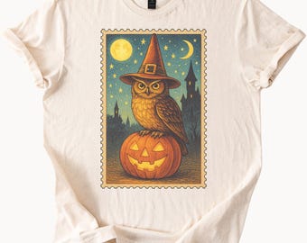Halloween Owl Shirt Witch Hat Pumpkin Jack O Lantern Full Moon Spooky Night Forest Graphic Tee Fall Halloween Shirt for Women Men