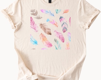 Colorful Feather Graphic T Shirt Watercolor Boho Feather Tee Artistic Pastel Feather Print Shirt Nature Inspired Feather Top