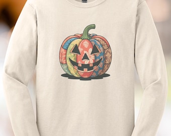 Maglietta autunnale con zucca patchwork colorata, maglietta a maniche lunghe con grafica Jack O' Lantern per Halloween, maglietta a tema autunnale con zucca per Halloween