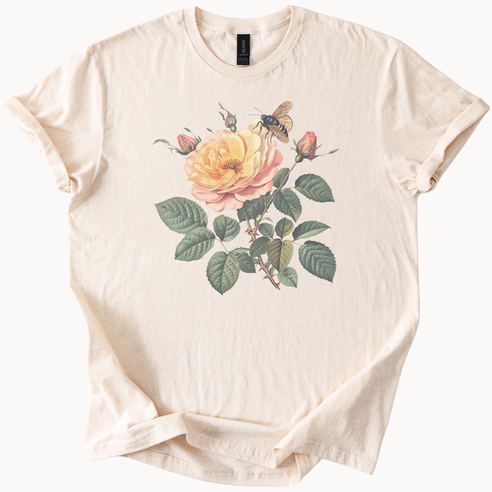 フローラルビーグラフィックTシャツ ボタニカルローズフラワーアート 
