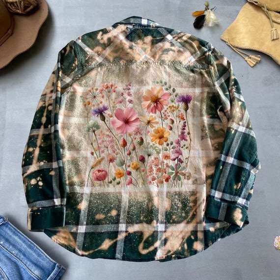 Floral Graphic Flannel Shirt, Retro Floral Shirt, Graphic Bleach