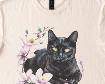 Black Cat Shirt Floral Tee Natural Beige Color Cotton Cat Garden Lover Shirt