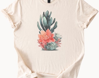 Camiseta con suculentas de acuarela, camiseta con planta del desierto, camiseta con gráfico botánico, regalo para amantes de los cactus, top natural único