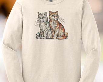 Artistic Two Cats Line Drawing Graphic Shirt Abstract Cat Lovers Apparel Unique Long Sleeve Tee Animal Outline Design Gift
