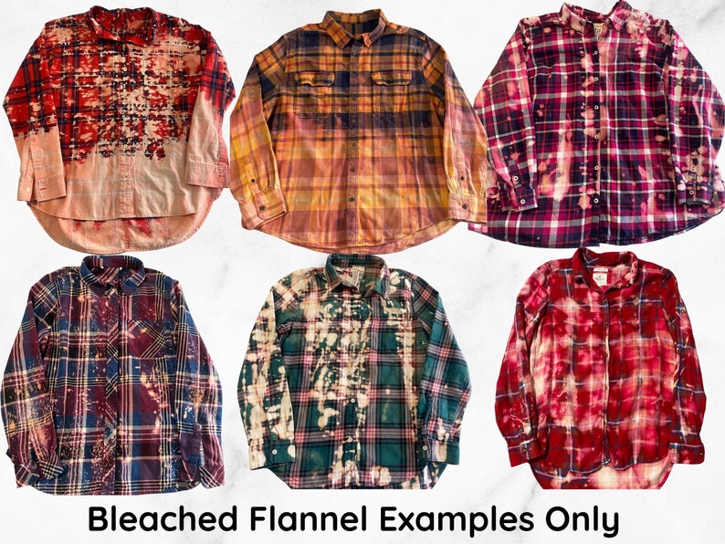 May include: Six examples of bleached flannel shirts in various colors and patterns, including red, blue, green, and yellow. The shirts are all long-sleeved and have a button-down front. "Bleached Flannel Examples Only" is written in black text at the bottom of the image.