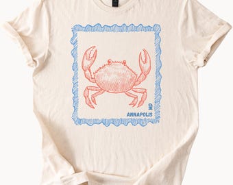 Annapolis Maryland Crab T Shirt Blue Stamp Style Tee MD Graphic Top