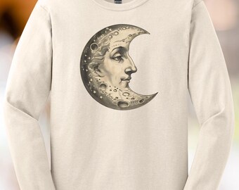 Celestial Moon Face Long Sleeve Shirt Lunar Crater Art Graphic